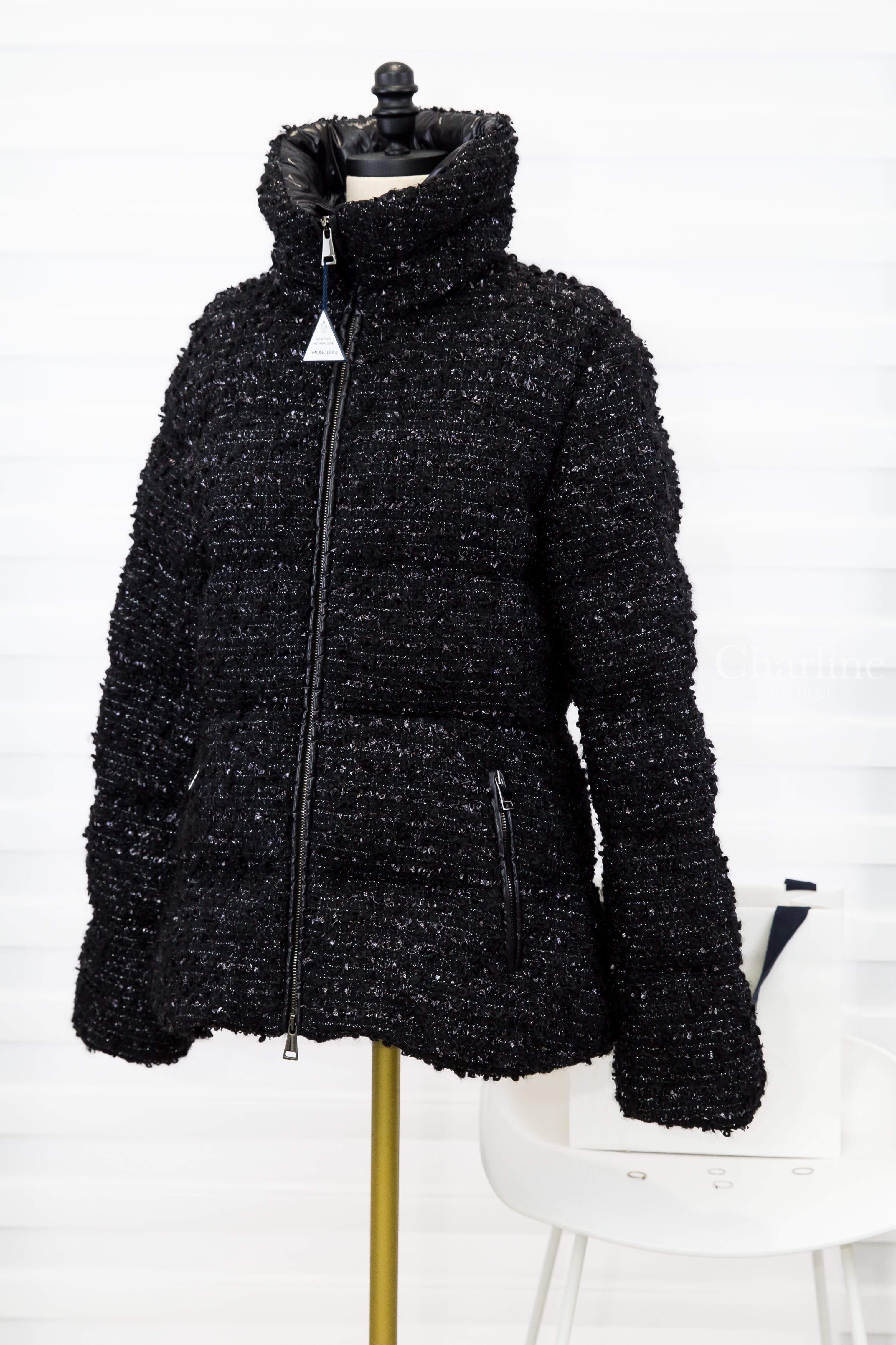 Moncler Urbel Tweed Short Down Jacket 黑色立領粗毛呢拉鍊收腰羽絨外套-Charline Boutique 精品代購