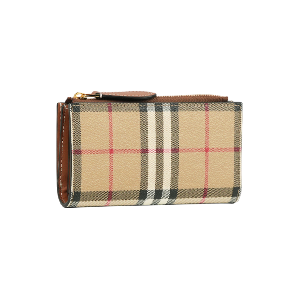 【Burberry】格紋及小牛皮釦式二折中夾(經典米色/石楠木棕)