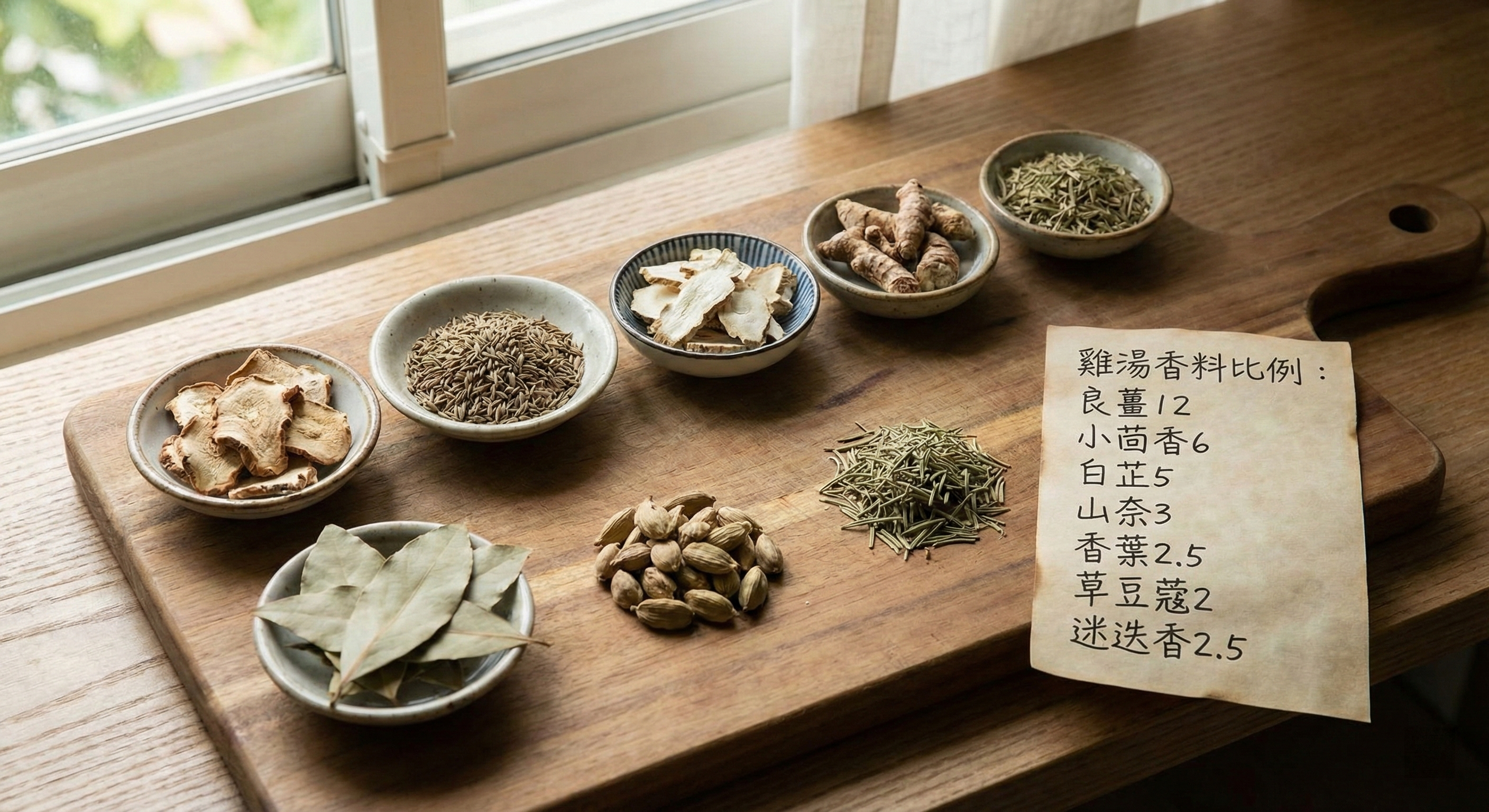 這個調味思考不只適用於麵條，而是適用於大多數的調味領域，例如炒雞、滷肉等，都有這方面的體現， 我以前跟大家分享配方時，也多次提到，就是指的調味層次的裡外配合，陰陽表裡，這種立體結構的口味，才是讓人越吃越想吃的秘密！ 最後再給大家來一個調雞湯時的香料組：良薑12、小茴香6、白芷5、山奈3，香葉2.5，草荳蔻2，迷迭香2.5，這些是比例不是具體克數，參考數值香料總量佔調湯總量的1%左右，原則寧少勿多。