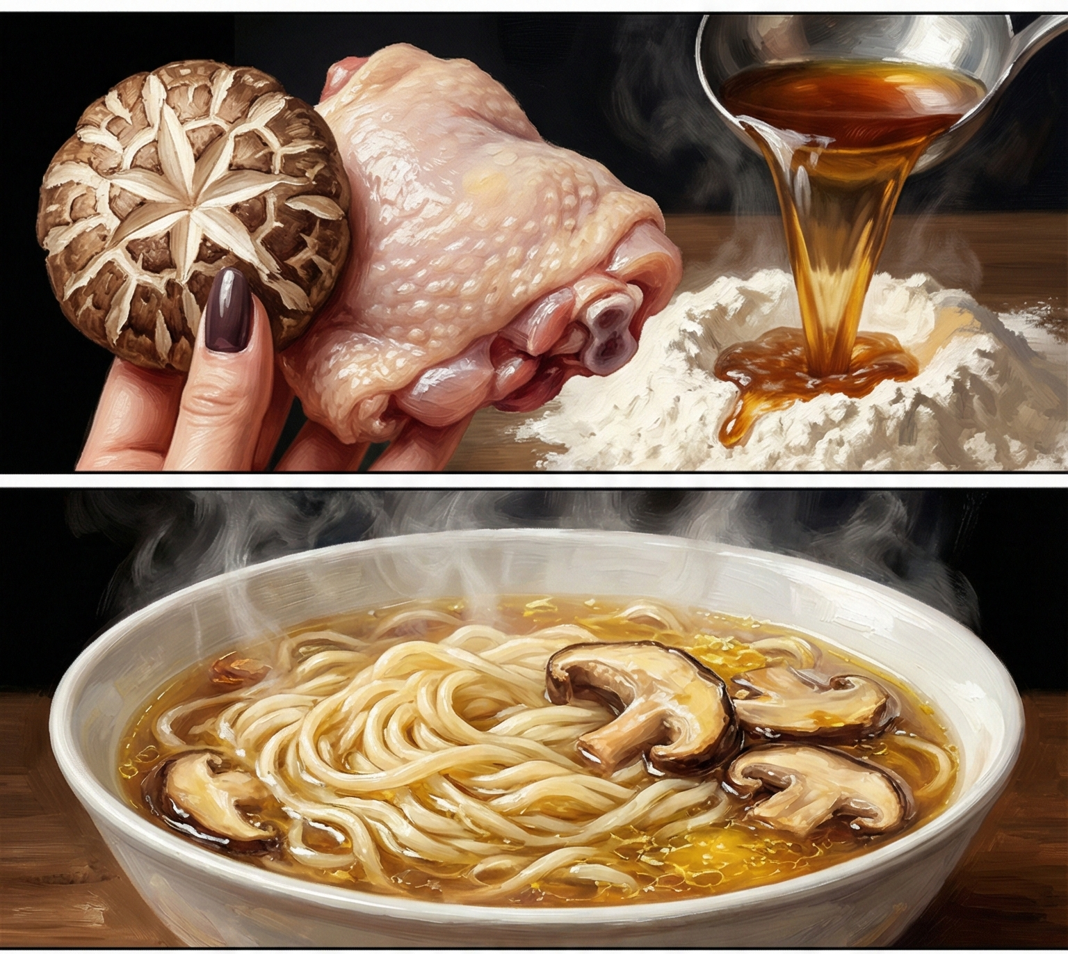 就是說一般的製麵技法都是以調湯為主，但調出來的湯再好，也是湯有味而麵無味，沒有那種餘韻不絕的回味感。  雞湯麵的名堂在於和麵的時候放的是頭道雞湯而不是白開水，這樣面才有底味，但雞湯只有清鮮而不掛口，要配合香菇的厚重，才能形成與穀物之間的配合，三者和而不同，這樣的麵條味道才有“骨子”。 另外香菇水發黑，會讓麵條變色，可以用白花菇來代替，這樣做出的麵條看著與普通麵條無異，一入口卻是大不同！