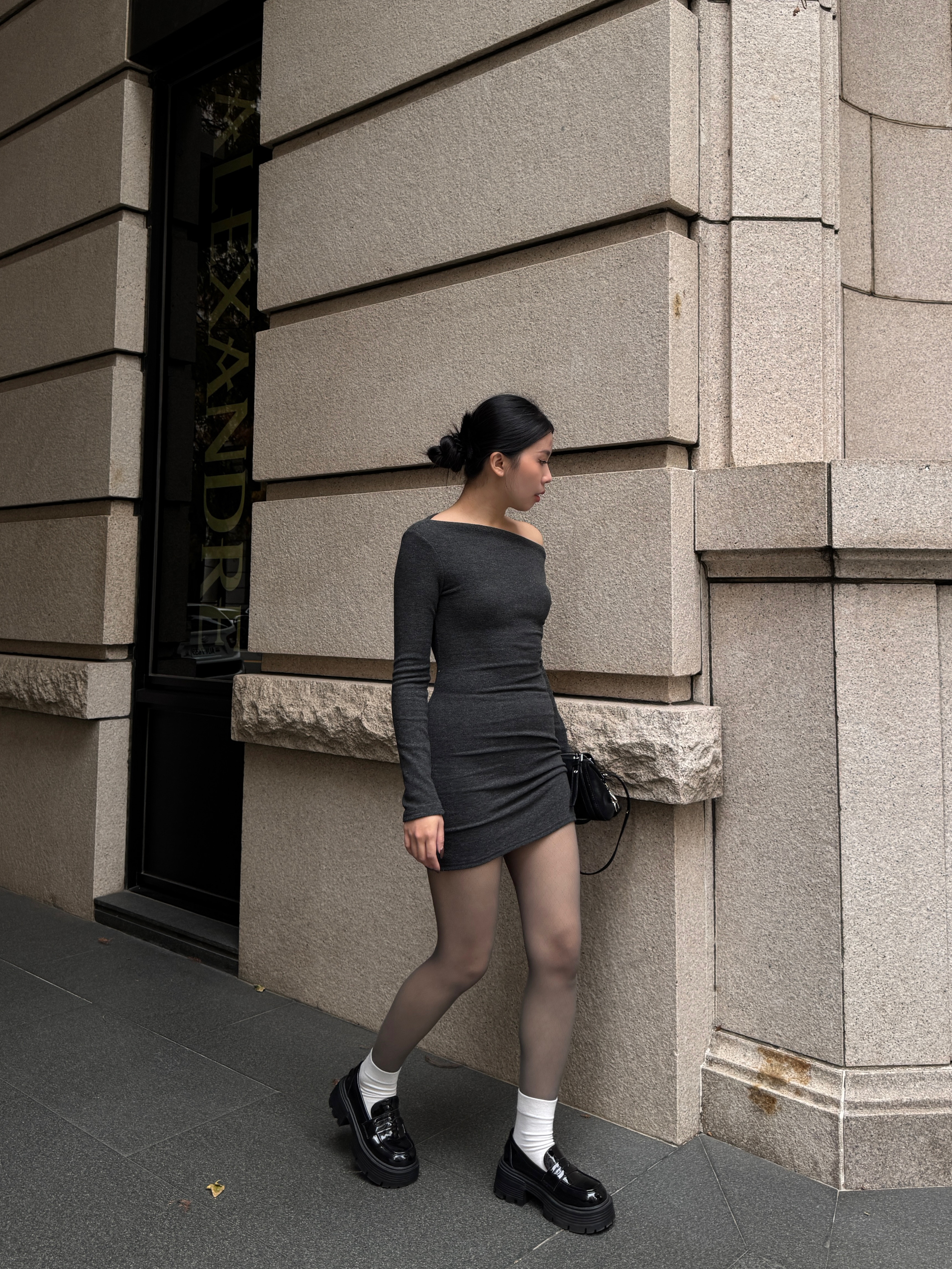 歐美磨毛斜肩包臀洋裝(3色)