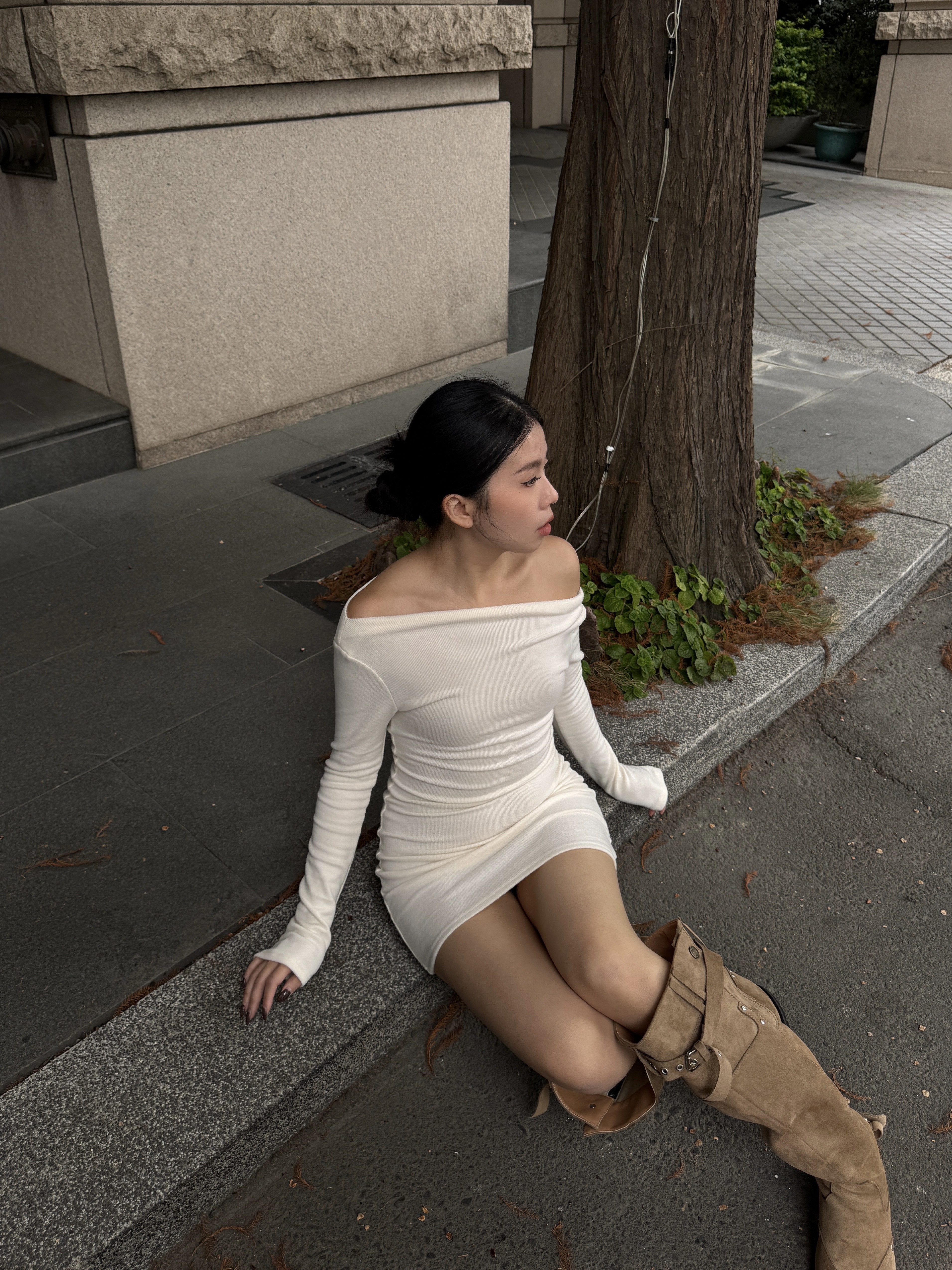 歐美磨毛斜肩包臀洋裝(3色)