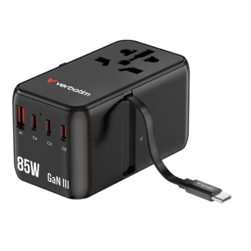 Verbatim 4 Port Charge 'n' Travel Adapter 85W Retractable Cable 30176 CNT-02 - Black