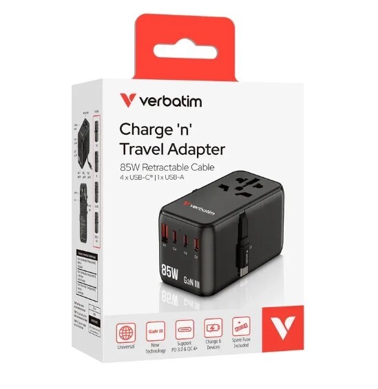 Verbatim 4 Port Charge 'n' Travel Adapter 85W Retractable Cable 30176 CNT-02 - Black