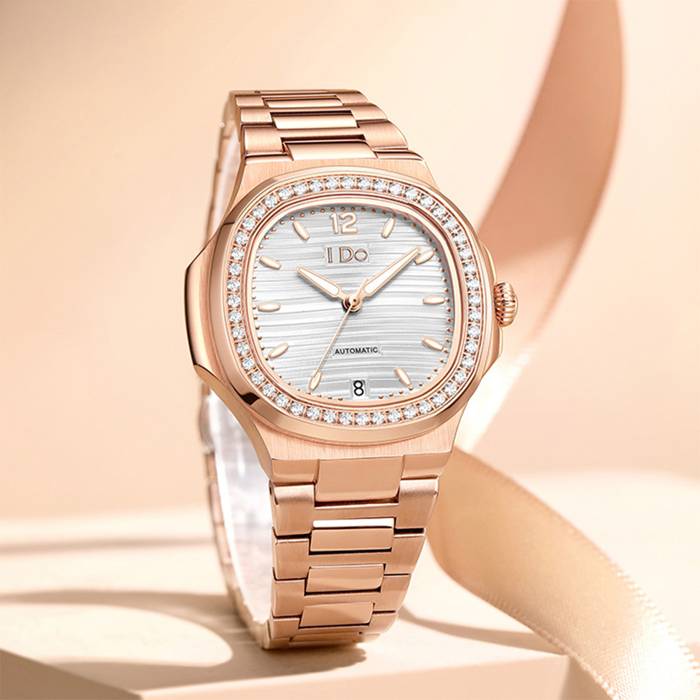 【I DO】IDO801M  晶鑽 微方形 日期 夜光 機械 女款 不鏽鋼 手錶