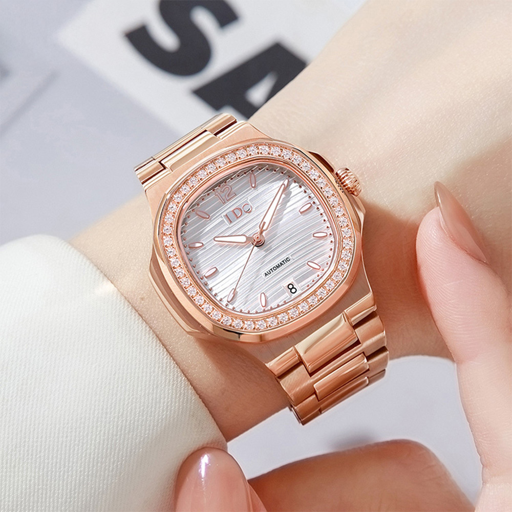 【I DO】IDO801M  晶鑽 微方形 日期 夜光 機械 女款 不鏽鋼 手錶