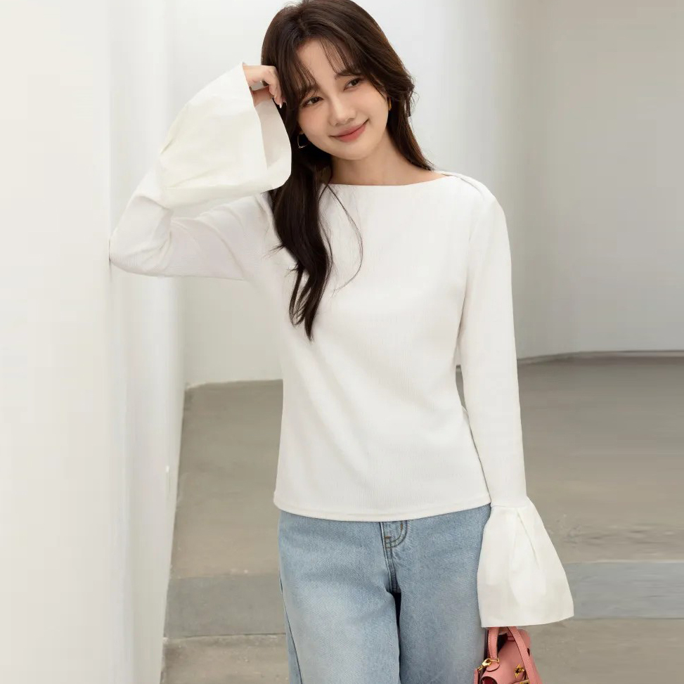 甜美女子荷葉滾邊喇叭袖圓領上衣-F / 3色 (Elegant & Love)