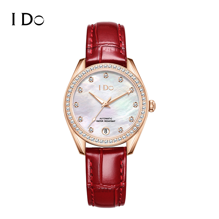 【I DO】IDO808M  晶鑽 珍珠母貝面 日期 夜光 機械 女款 皮帶 手錶