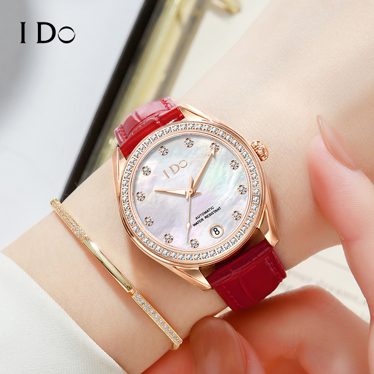 【I DO】IDO808M  晶鑽 珍珠母貝面 日期 夜光 機械 女款 皮帶 手錶