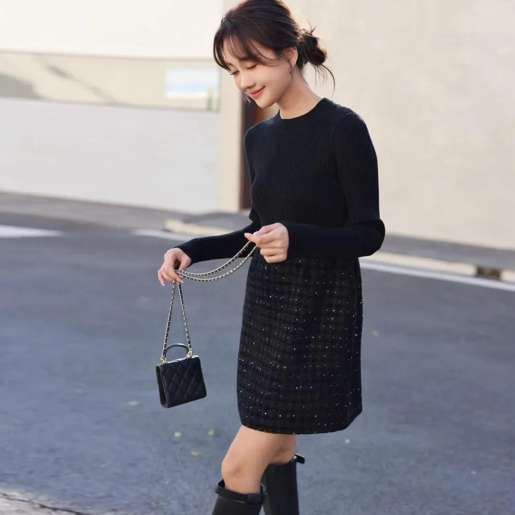 氣質感拼接亮片軟呢裙擺短洋裝-S-M / 2色 (Elegant & Love)