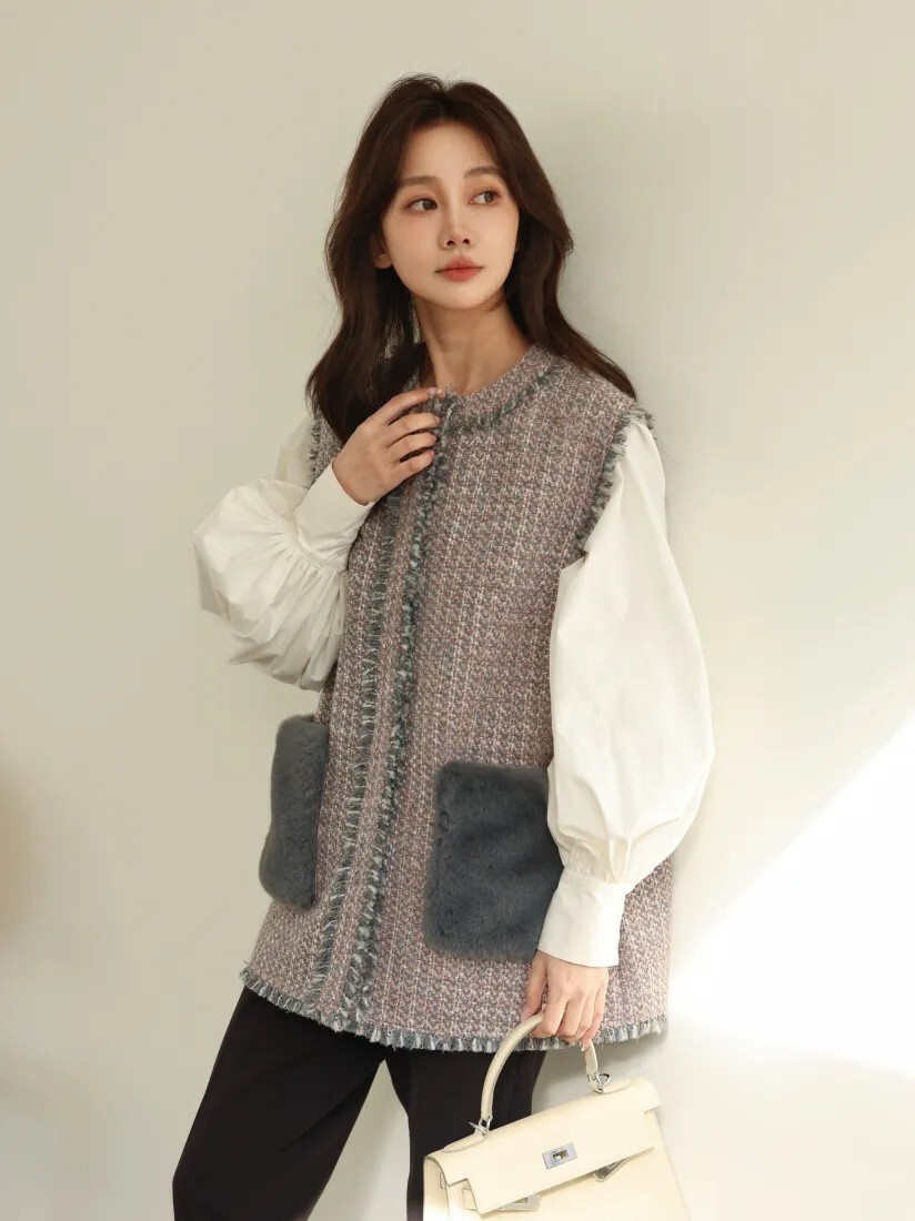 配色毛毛方形口袋軟呢背心外套-F / 2色 (Elegant & Love)
