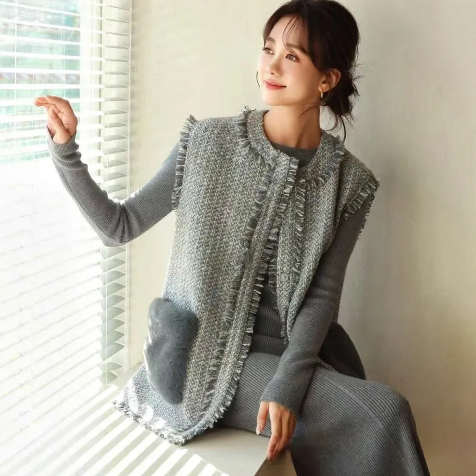 配色毛毛方形口袋軟呢背心外套-F / 2色 (Elegant & Love)