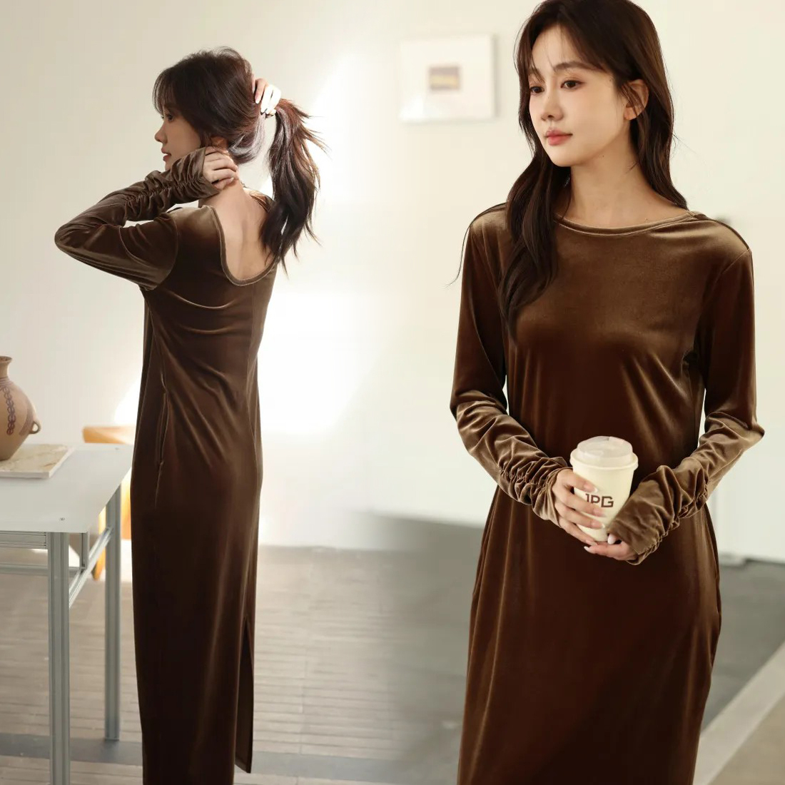 歐美女子美背大U領絲絨長洋裝-F / 2色 (Elegant & Love)