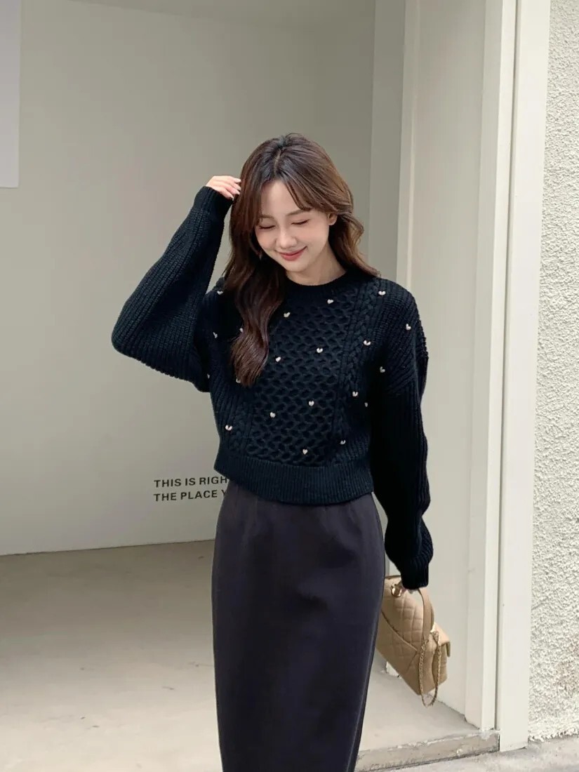 配色愛心刺繡麻花羊毛針織上衣毛衣-F / 3色 (Elegant & Love)