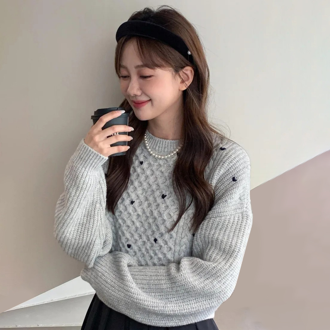 配色愛心刺繡麻花羊毛針織上衣毛衣-F / 3色 (Elegant & Love)