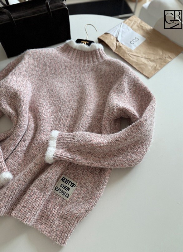 配色滾邊布標混色立領針織上衣毛衣-F / 3色