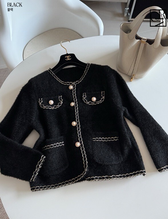 編織滾邊氣質感珍珠排釦圓領毛呢外套-F / 2色