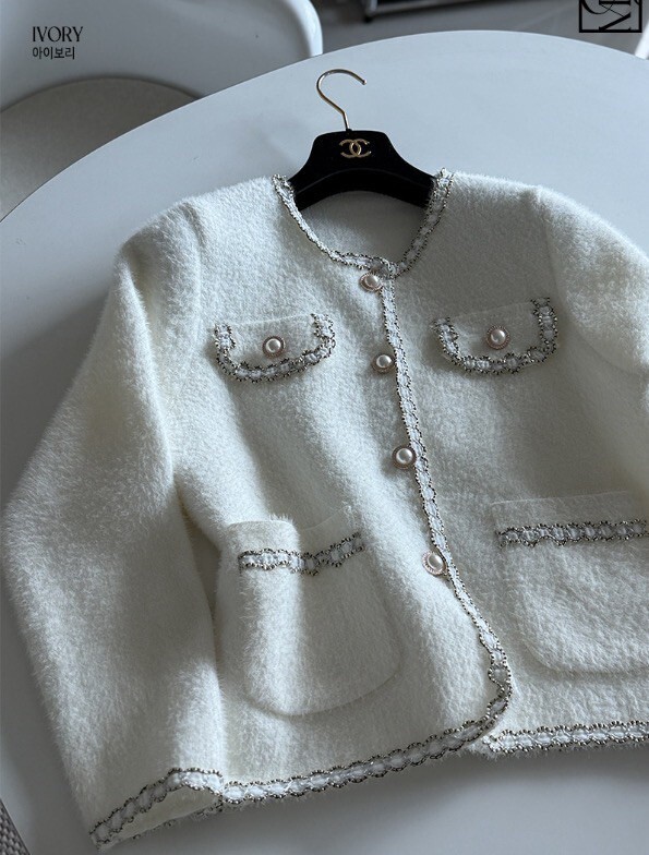 編織滾邊氣質感珍珠排釦圓領毛呢外套-F / 2色