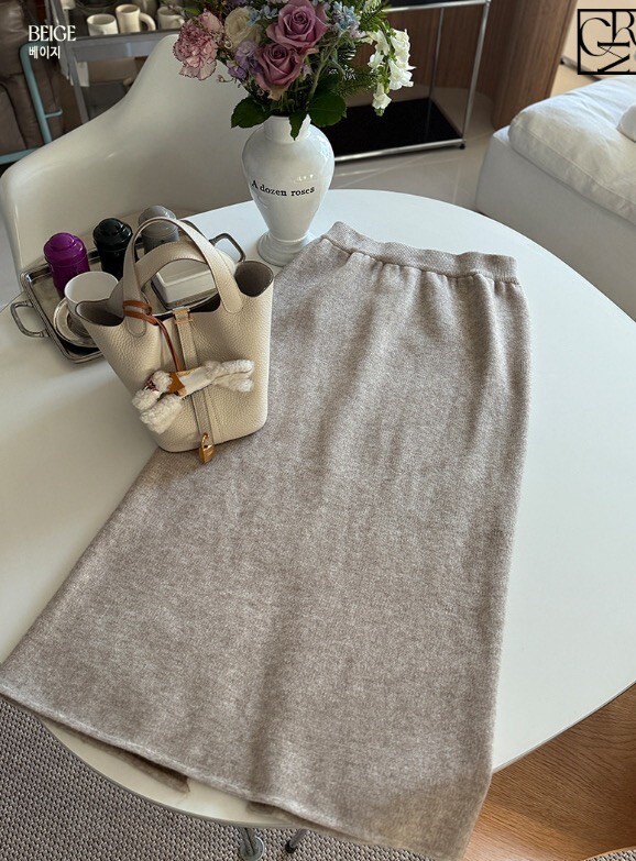 鬆緊腰後開衩造型內磨毛鉛筆裙長裙-F / 4色