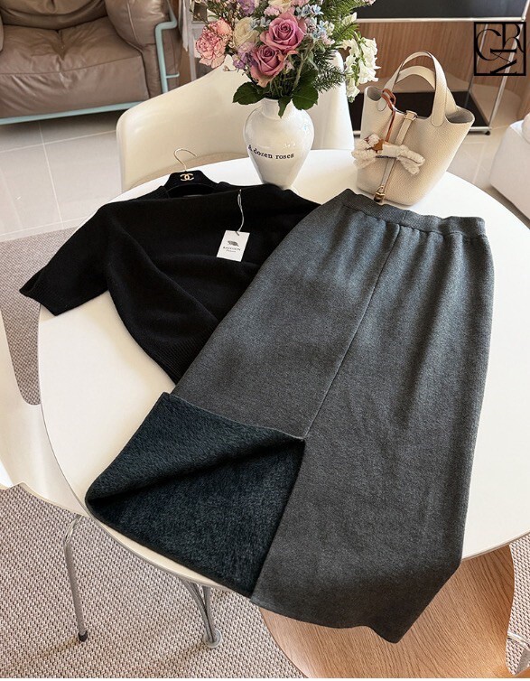 鬆緊腰後開衩造型內磨毛鉛筆裙長裙-F / 4色