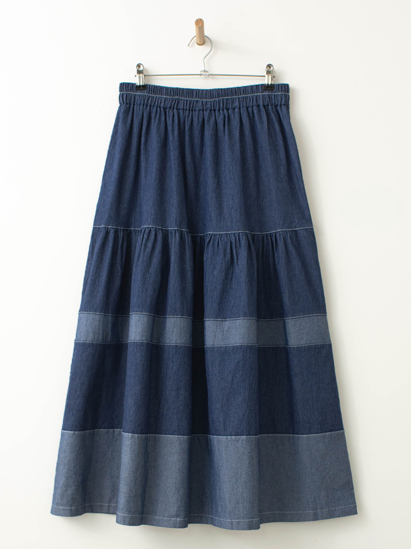 鬆緊腰配色層次剪接蛋糕牛仔長裙