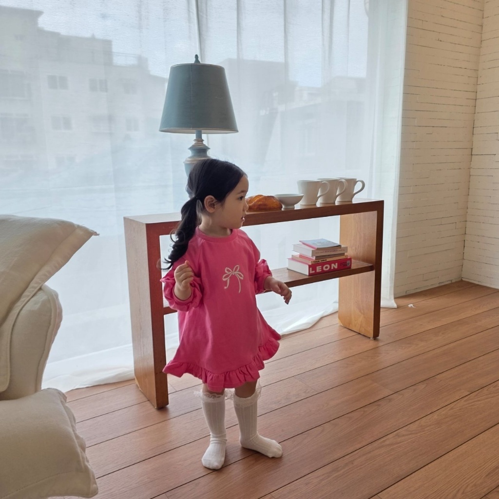 正韓春COLOR 兩色蝴蝶結花邊洋裝