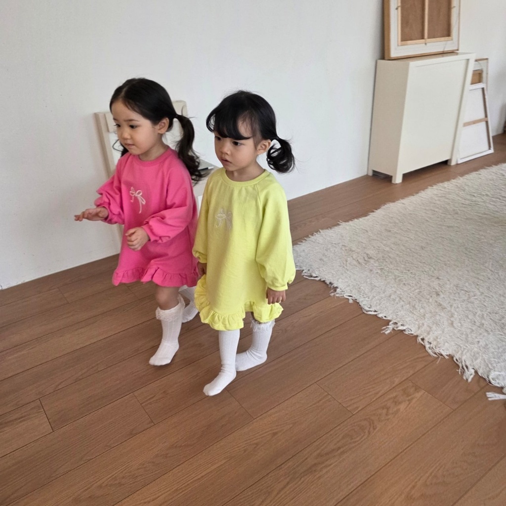 正韓春COLOR 兩色蝴蝶結花邊洋裝