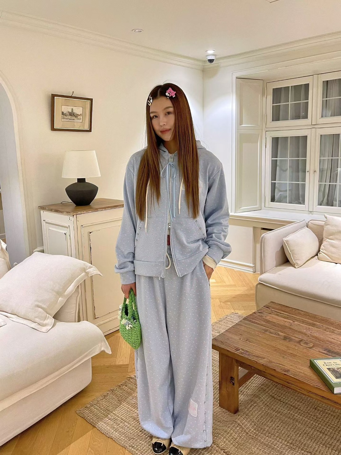 小印花蝴蝶結拉鍊夾克 長褲(分售)