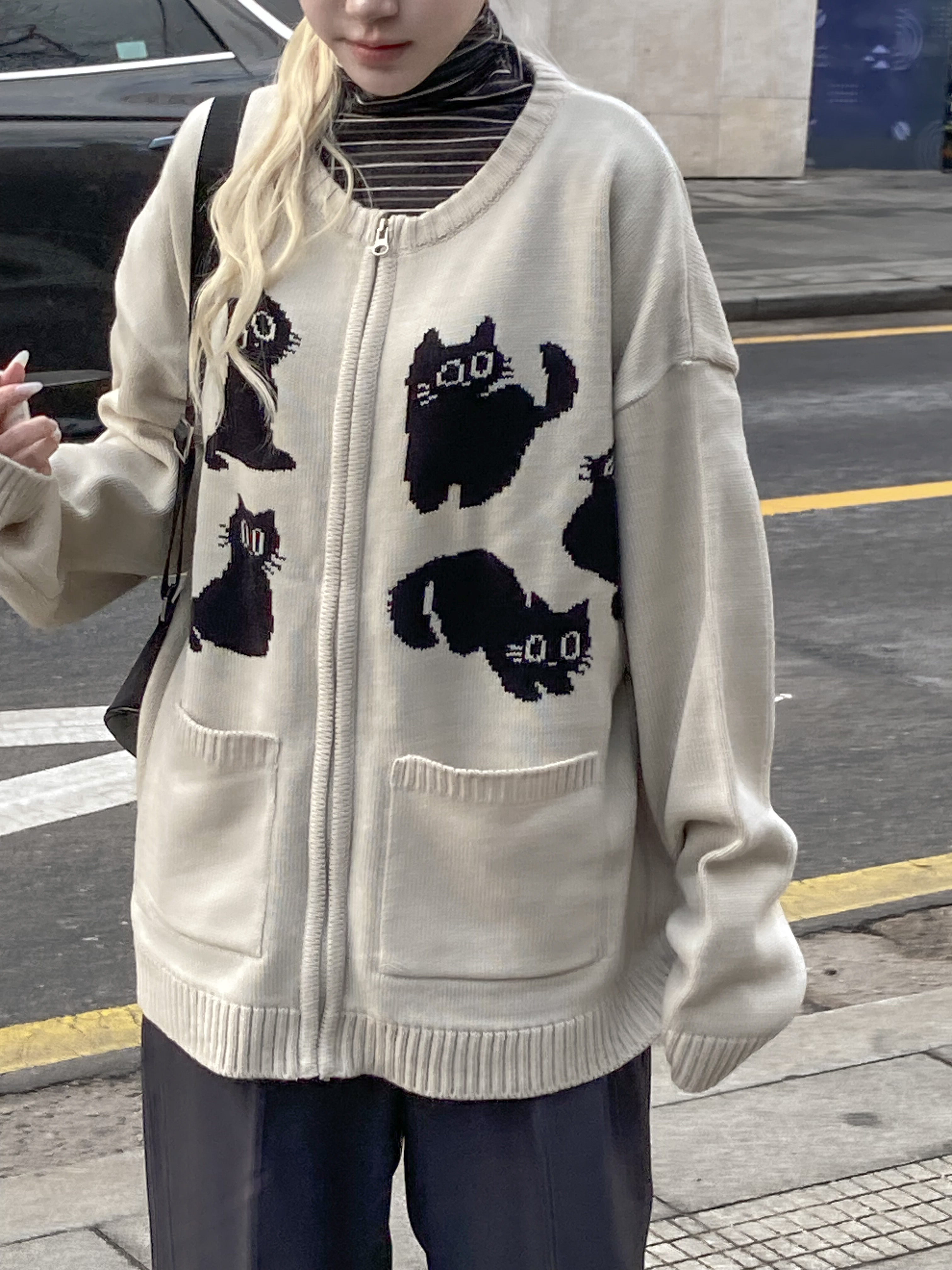 可愛貓貓無處不在！拉鍊針織外套〈🇰🇷DAY 2〉