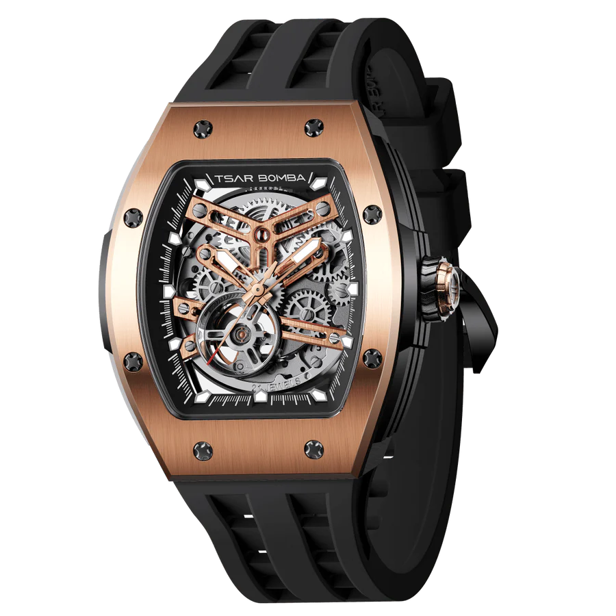 萬年鐘錶 - TSAR BOMBA 機械公爵 玫瑰金錶框機械透視機芯男錶 TB8228A-04 錶徑 44.8MM