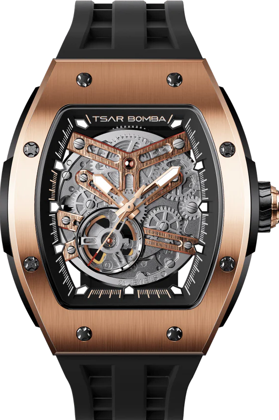 萬年鐘錶 - TSAR BOMBA 機械公爵 玫瑰金錶框機械透視機芯男錶 TB8228A-04 錶徑 44.8MM