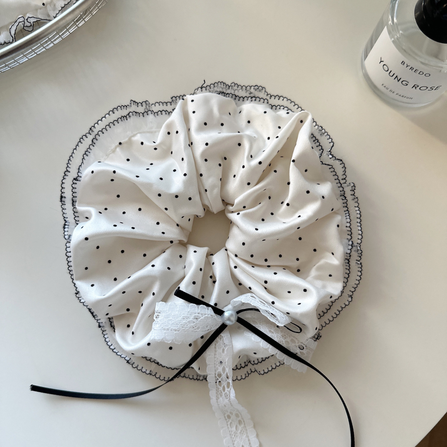 [2 FOR RM10] White Polka Dot Lace Satin Scrunchie