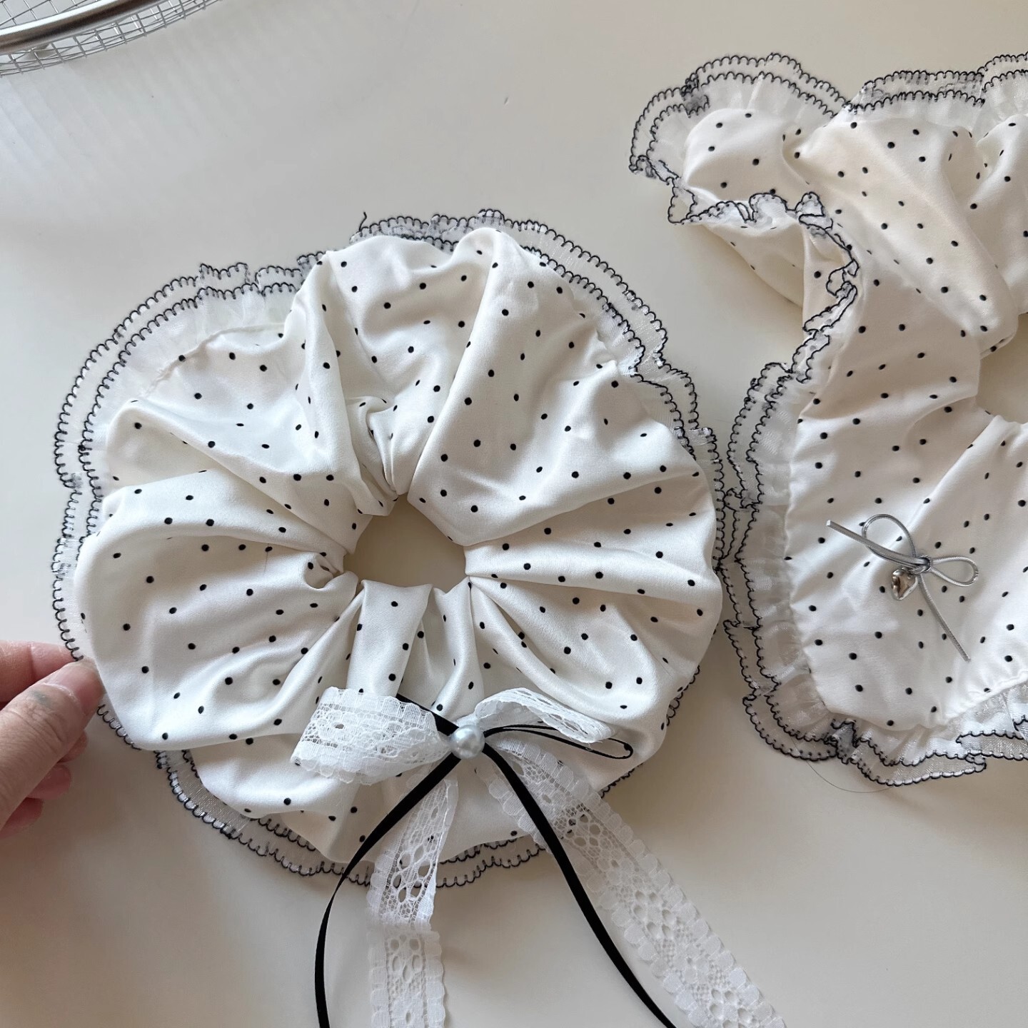 [2 FOR RM10] White Polka Dot Lace Satin Scrunchie