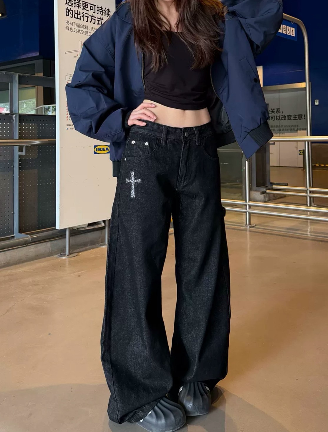 (GOAL) 美式豹紋鉚釘十字架直筒牛仔褲 SP0335