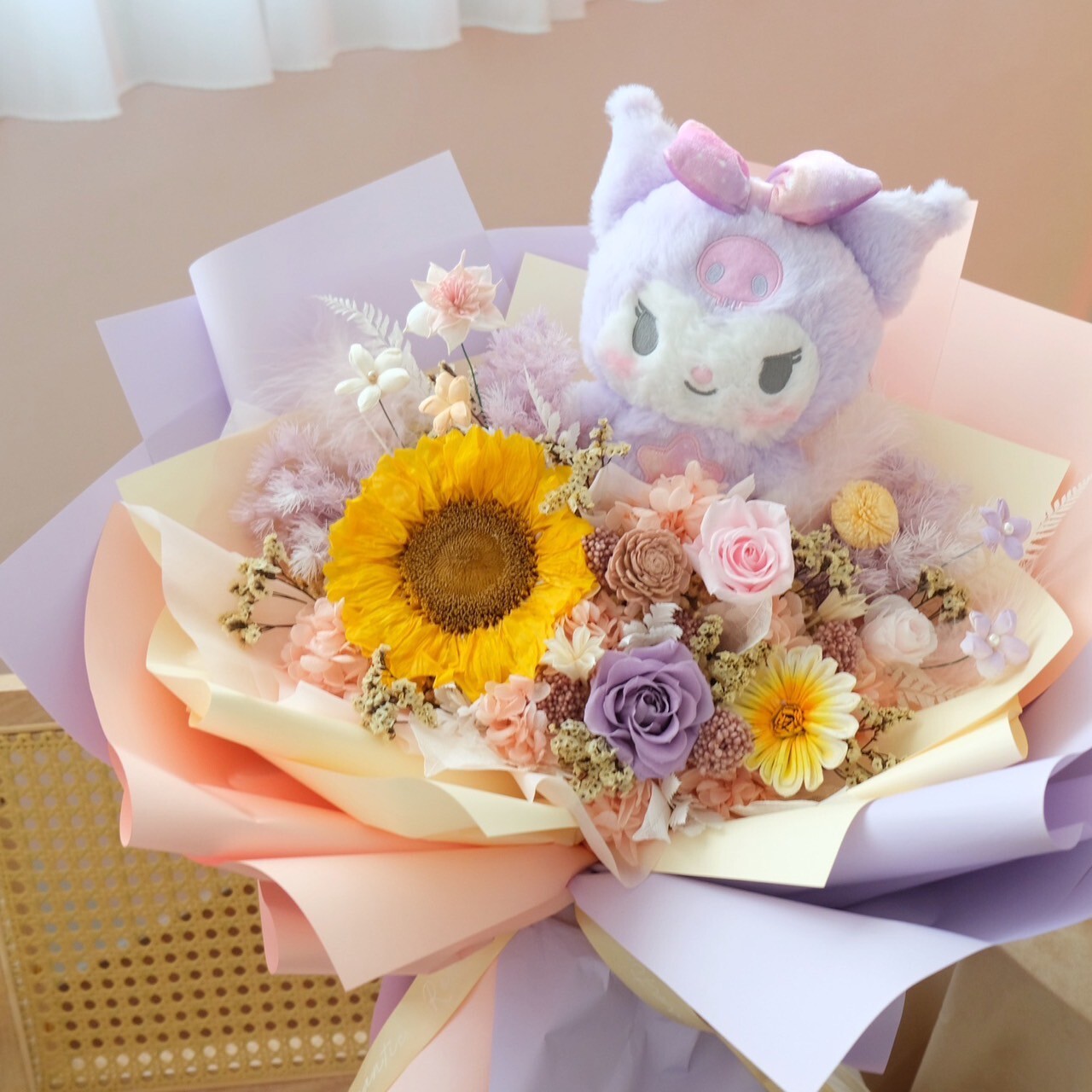 永生花玩偶花束 永生向日葵＋粉紫永生玫瑰