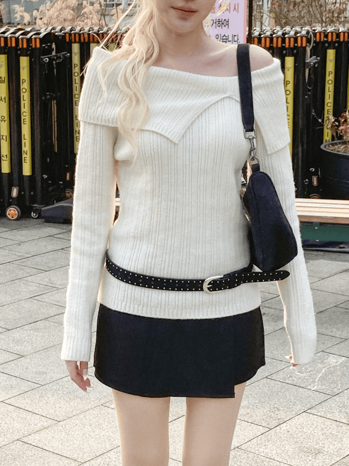 可溫柔可帥氣開叉直紋一字肩針織上衣〈🇰🇷DAY 2〉