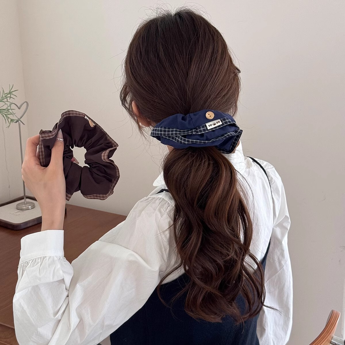 [3 FOR RM10] Vintage Plaid Button-Trim Scrunchies