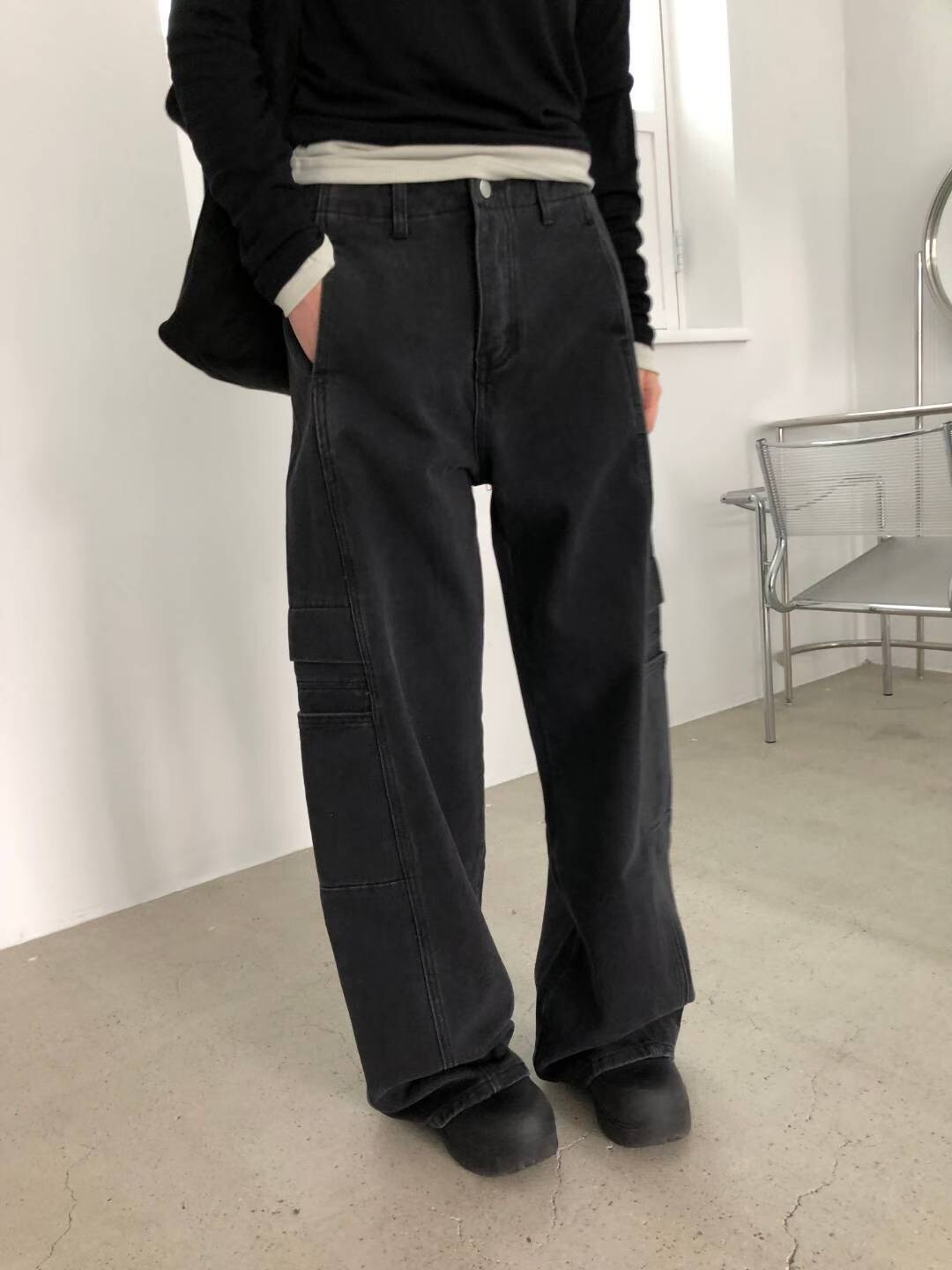 側口袋中腰繭型褲