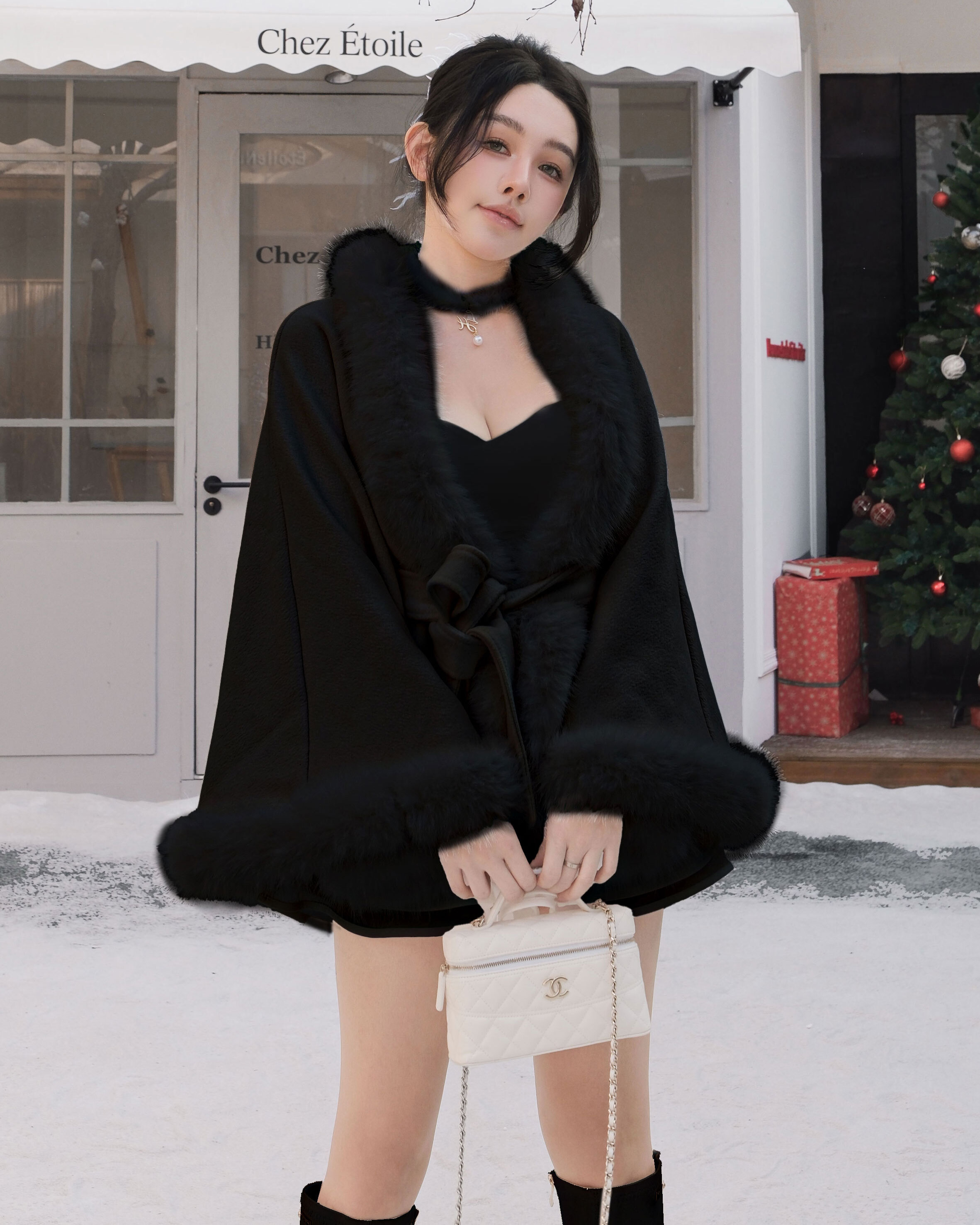 訂製-名媛毛領刷毛斗篷外套