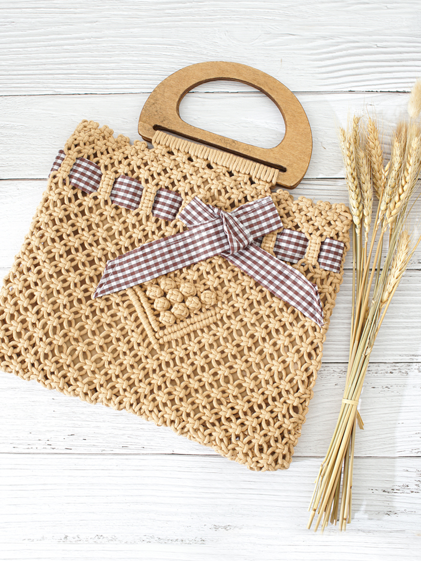 格紋棉繩編織手提包