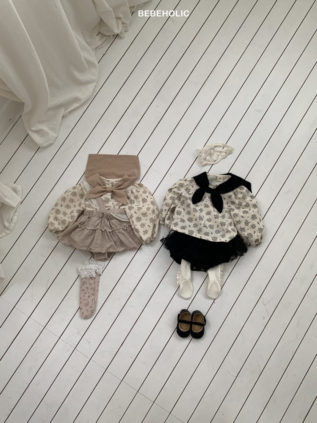 正韓春bebeholic 嫩嬰碎花綁帶領子上衣