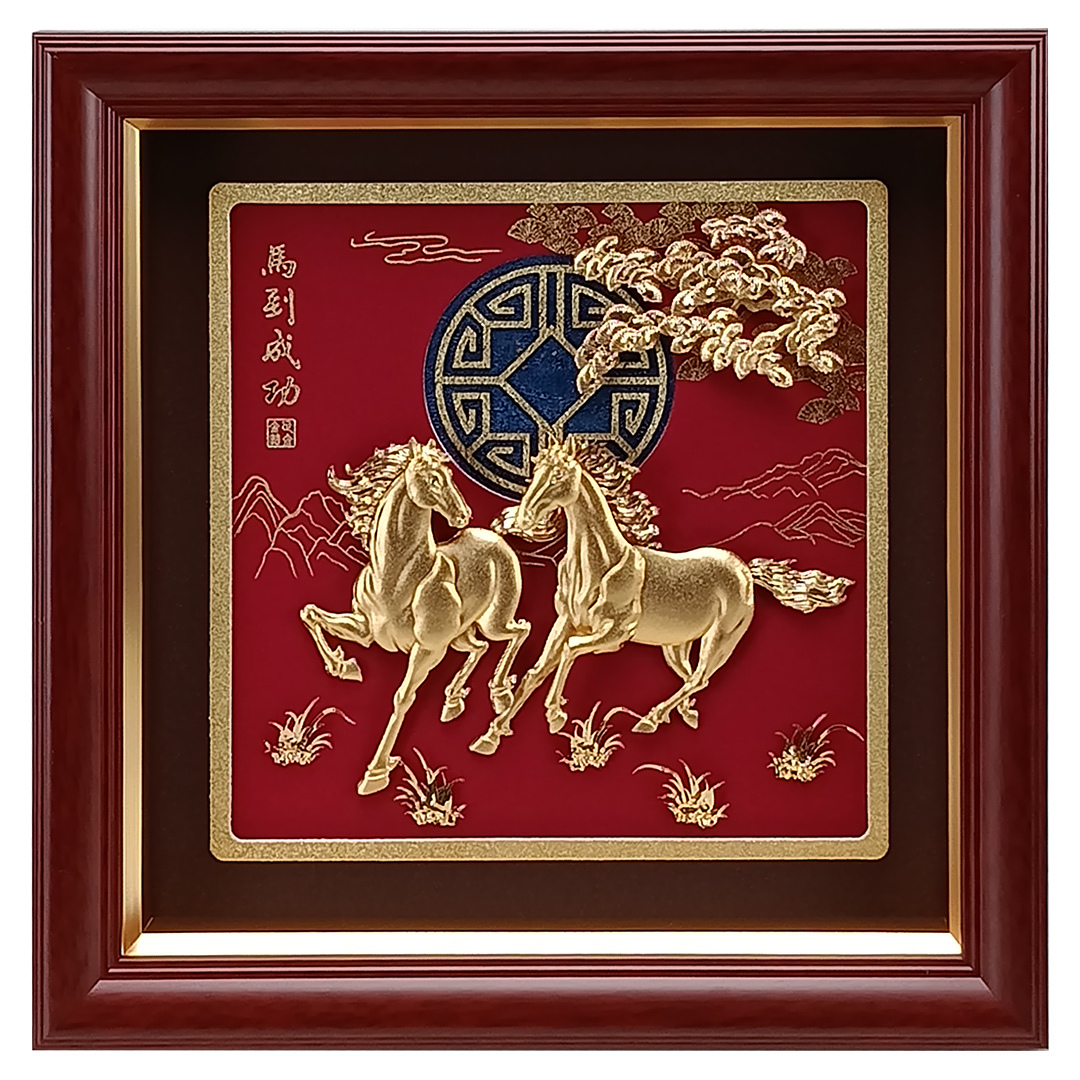 雙馬奔騰金箔藝術品｜開業升遷企業送禮首選｜高雅立體浮雕馬到成功