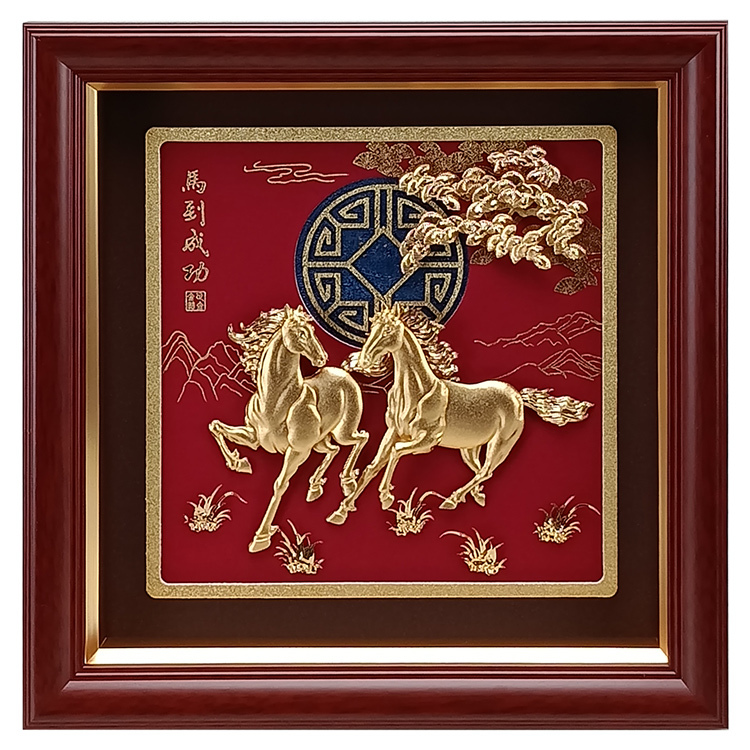 鹿港窯禮品館｜雙馬奔騰金箔藝術品開業升遷企業送禮首選高雅立體浮雕