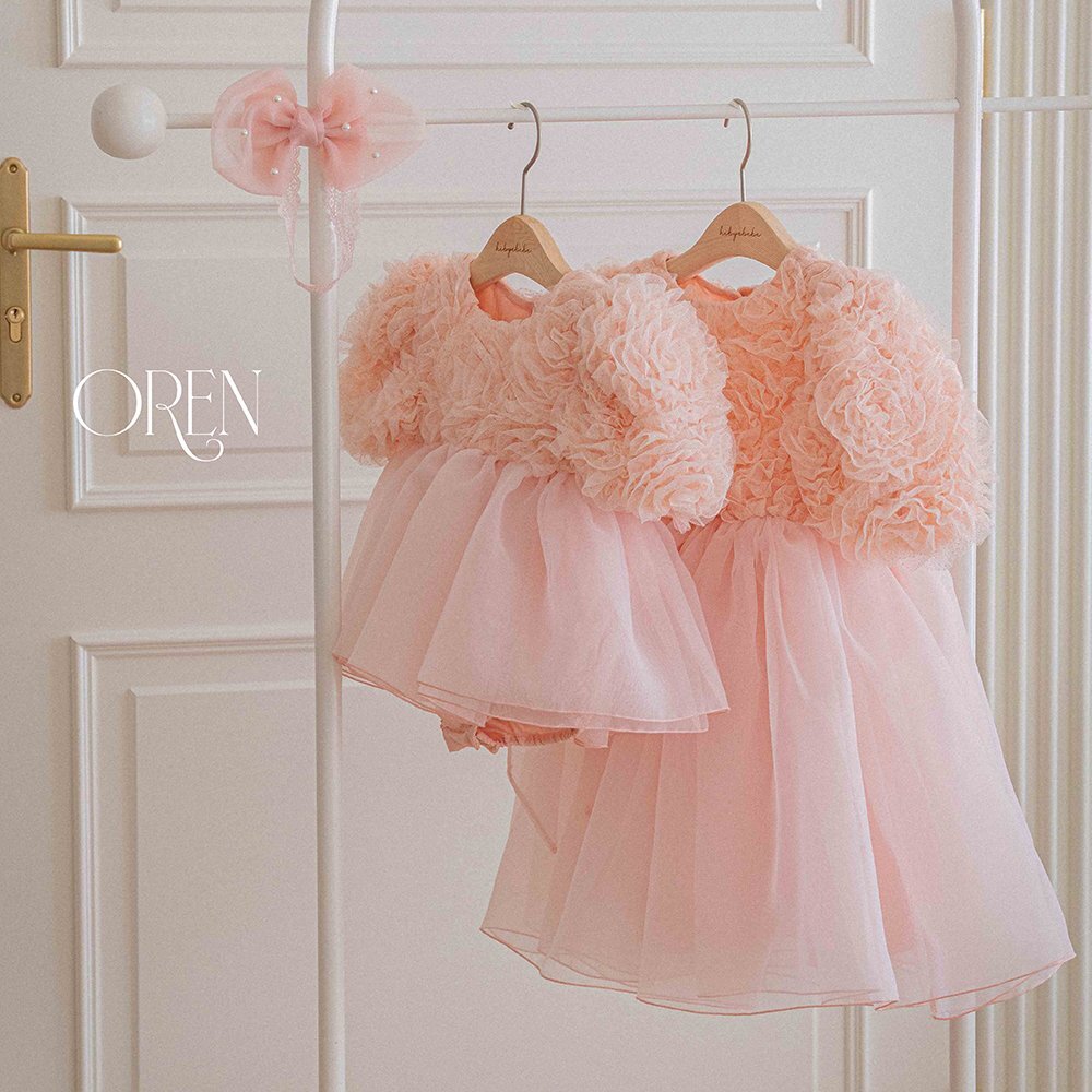 正韓春oren 嫩嬰春季粉玫瑰高級感包屁裙