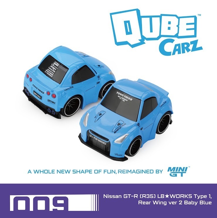 PO-$53 * MINI GT * 1:64 QUBE CARZ Nissan GT-R (R35) LB★WORKS Type 1, Rear Wing ver 2 Baby Blue