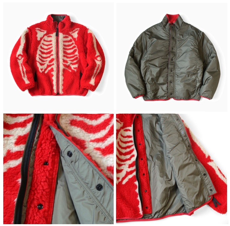 1/17 RELEASE: KAPITAL BONE pattern boa fleece reversible blouson - RED/OLIVE PRE ORDER ITEM (預訂中)