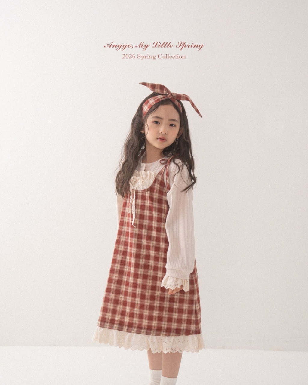 正韓春Anggo 兩色小方格綁帶洋裝