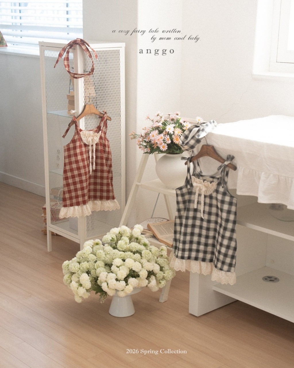 正韓春Anggo 兩色小方格綁帶洋裝