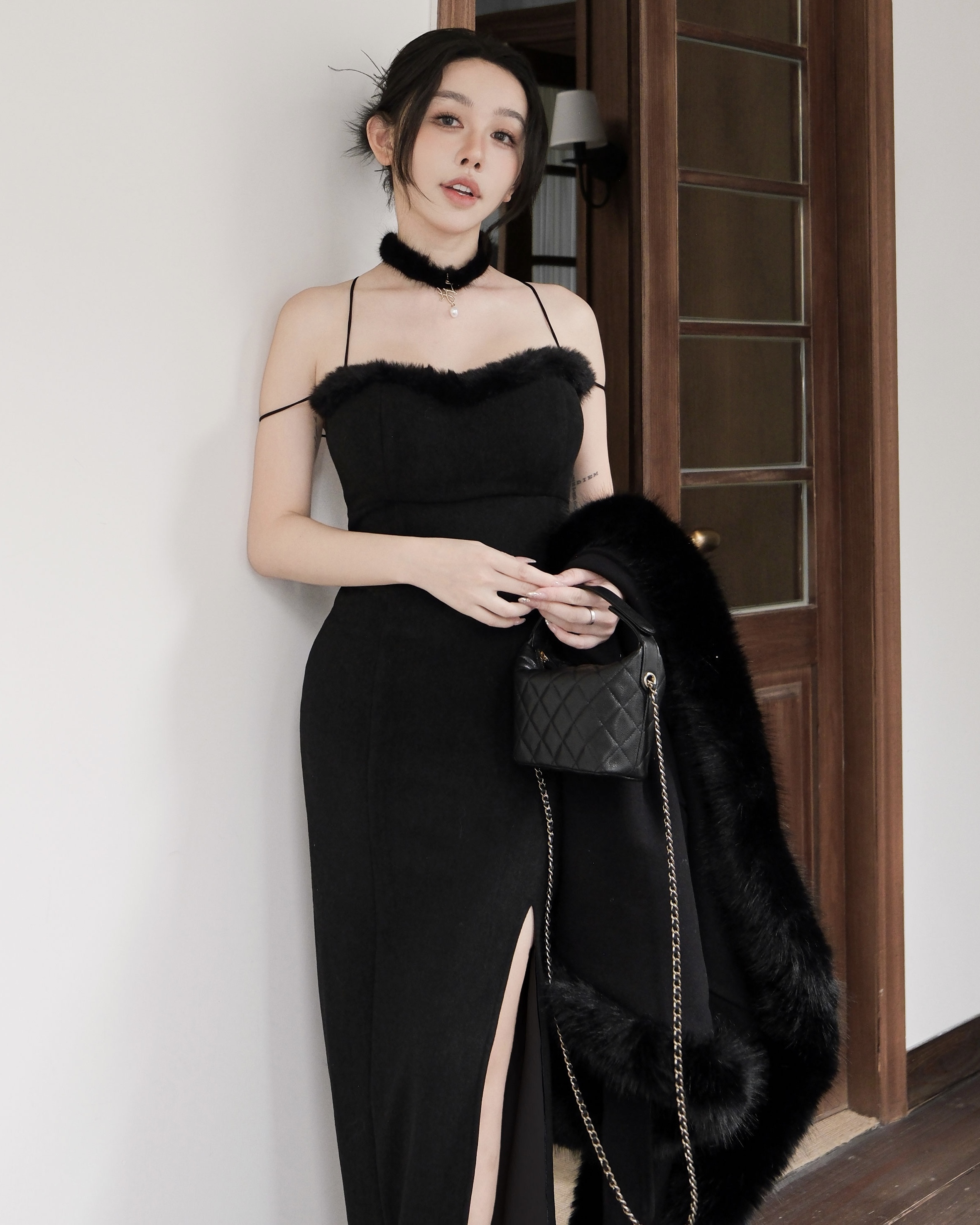 訂製-性感毛領桃心合身長洋