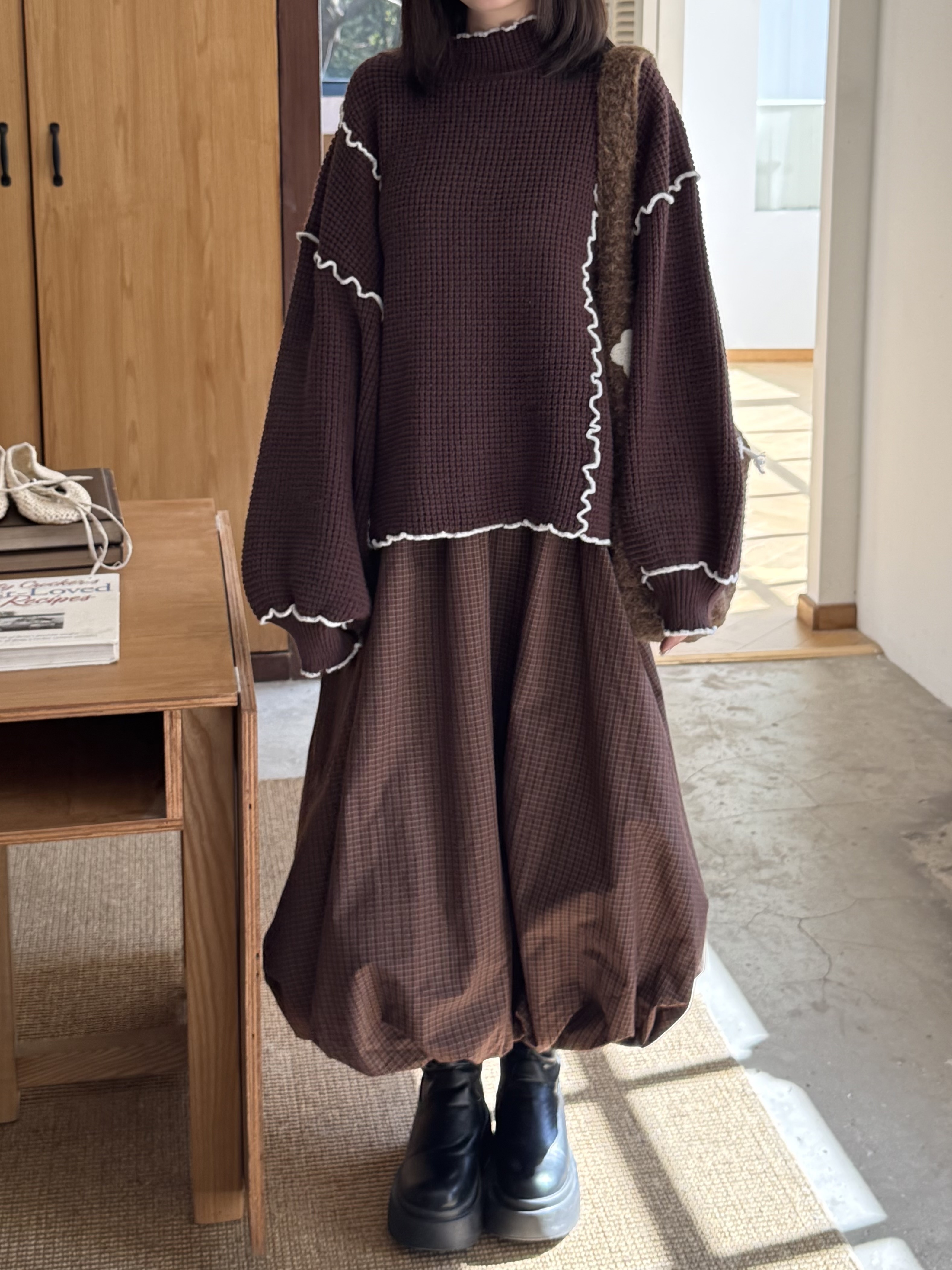 全鬆緊格子花苞裙